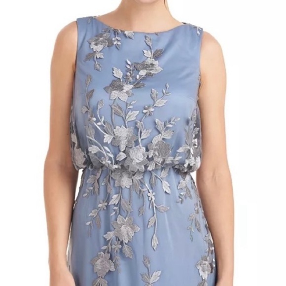 JS Collections Floral Embroidered Mesh Sleeveless Gown in Silver/True Blue Sz 6 - Picture 3 of 11
